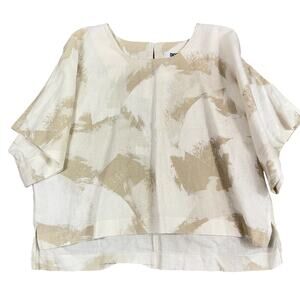 DKNY Pure Linen Blend Top Large Cream Tan Abstract Brushstroke Boxy Short Sleeve